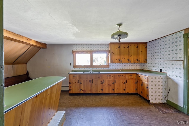 kitchen with a baseboard radiator, vaulted ceiling with beams, hanging light fixtures, and sink