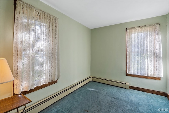 spare room with baseboard heating and carpet flooring