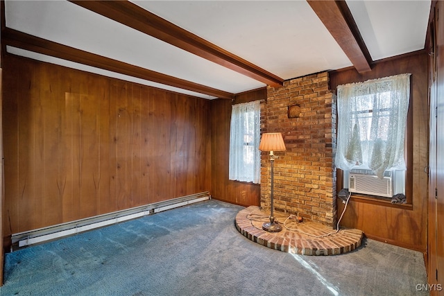 unfurnished room with beamed ceiling, cooling unit, dark colored carpet, wooden walls, and a baseboard heating unit