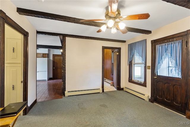 entryway featuring dark carpet, beamed ceiling, ceiling fan, and baseboard heating