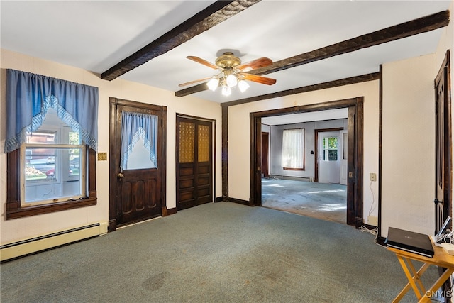 entryway with a baseboard radiator, beam ceiling, dark carpet, and ceiling fan