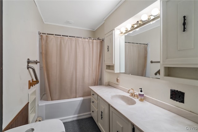 full bathroom featuring shower / bath combo, vanity, toilet, and ornamental molding