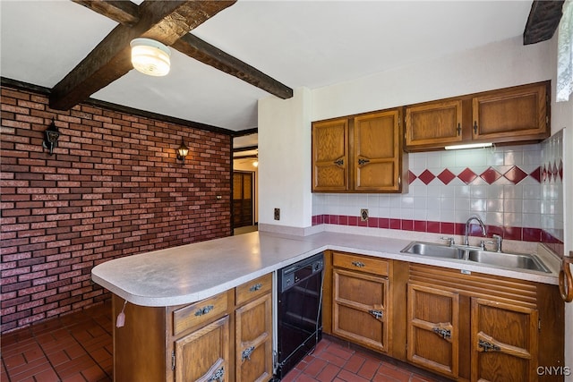 kitchen featuring sink, kitchen peninsula, beam ceiling, brick wall, and black dishwasher