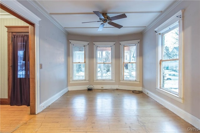 empty room featuring ceiling fan, light wood-type flooring, and crown molding