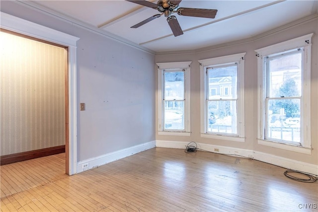 unfurnished room with plenty of natural light, ceiling fan, and light wood-type flooring