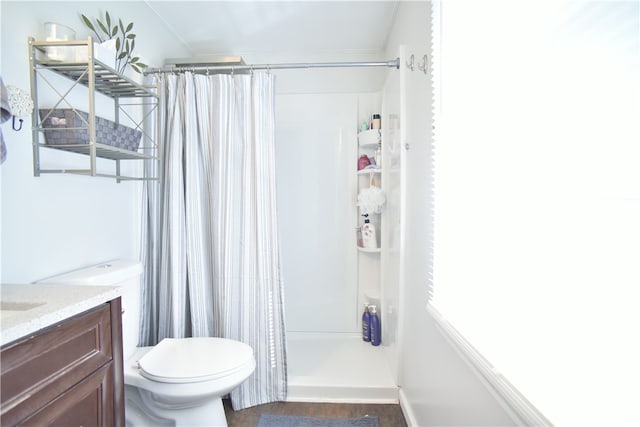 bathroom with wood-type flooring, a shower with curtain, vanity, and toilet