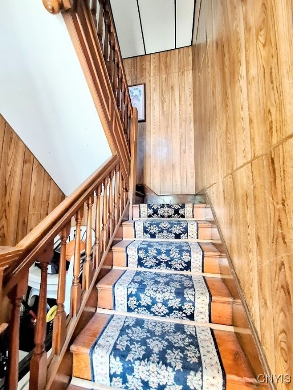 staircase with wood-type flooring and wooden walls