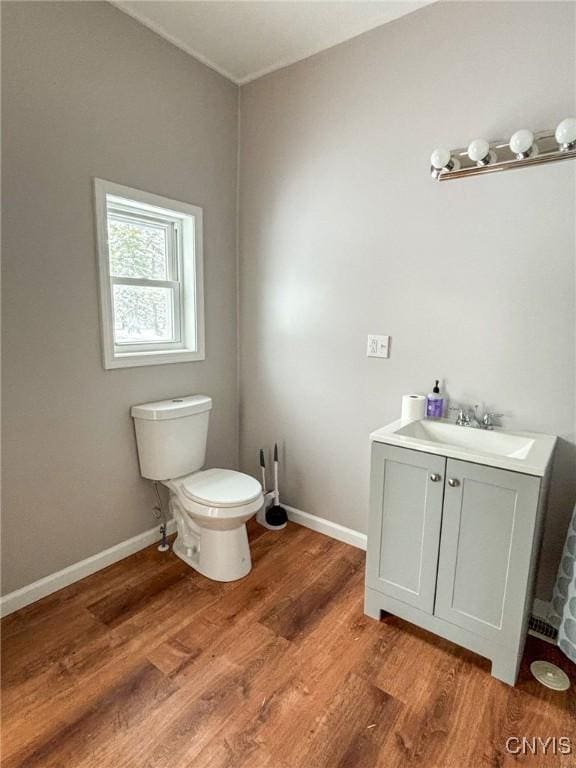 bathroom with wood-type flooring, vanity, and toilet