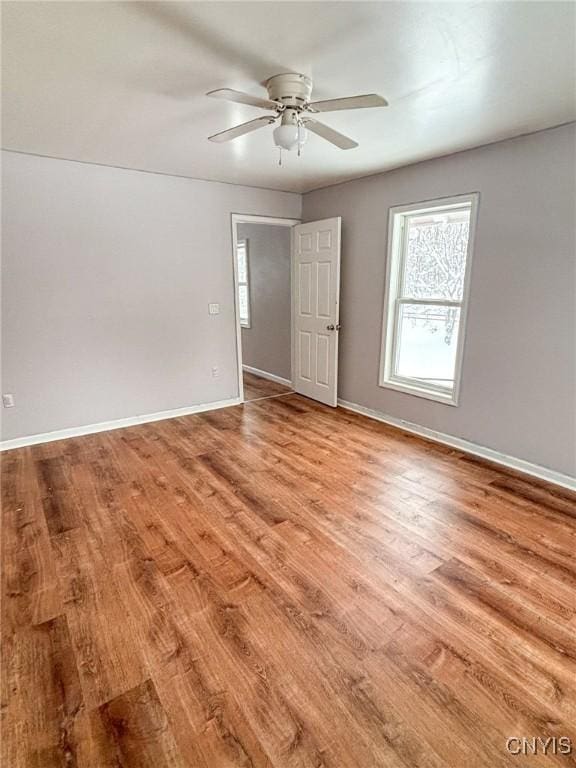 empty room with ceiling fan and light hardwood / wood-style floors