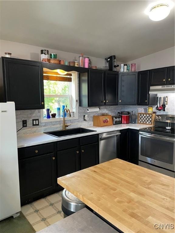 28541 Hewitt Dr, Lyme, NY 13622 - kitchen with stainless steel appliances, a sink, dark cabinetry, light countertops, and tasteful backsplash
