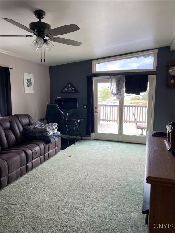 28541 Hewitt Dr, Lyme, NY 13622 - carpeted living area with ceiling fan