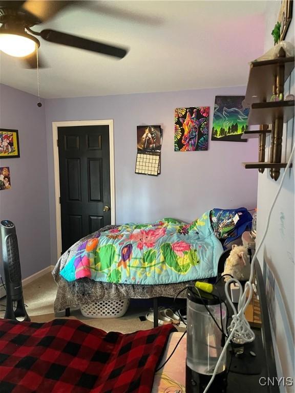28541 Hewitt Dr, Lyme, NY 13622 - bedroom featuring ceiling fan, baseboards, and carpet flooring