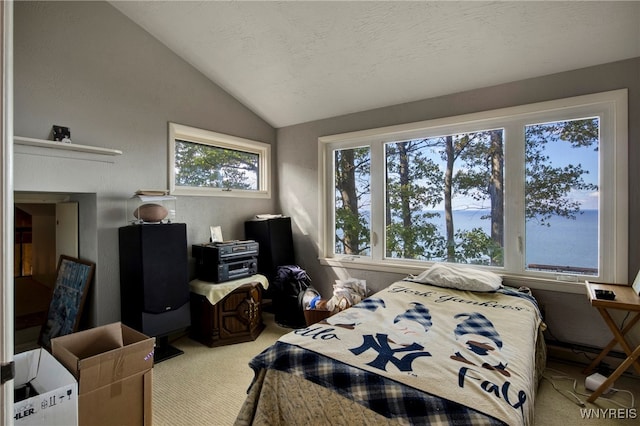 carpeted bedroom with a textured ceiling, a water view, and lofted ceiling