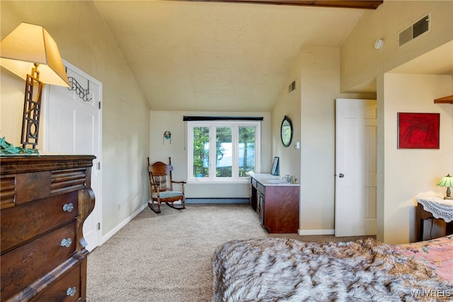 carpeted bedroom with lofted ceiling