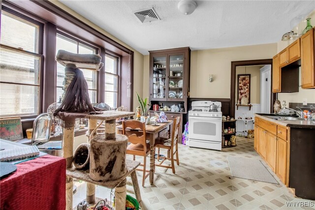 dining room with a textured ceiling and sink