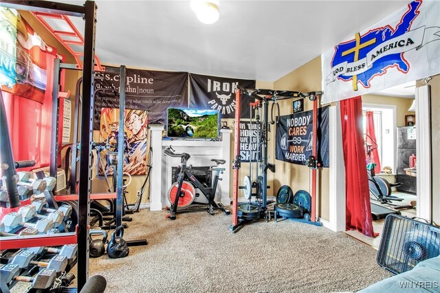 exercise room with carpet flooring