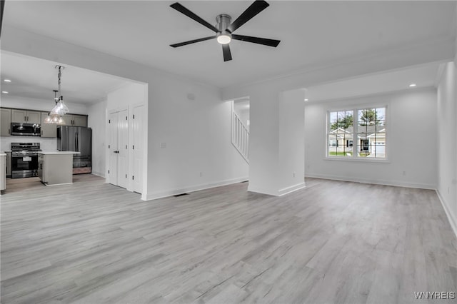 unfurnished living room with light wood-type flooring, ceiling fan, and ornamental molding