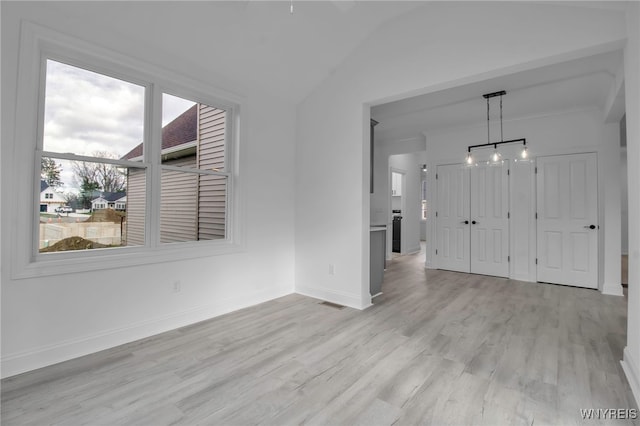 empty room with light hardwood / wood-style floors, a wealth of natural light, and lofted ceiling