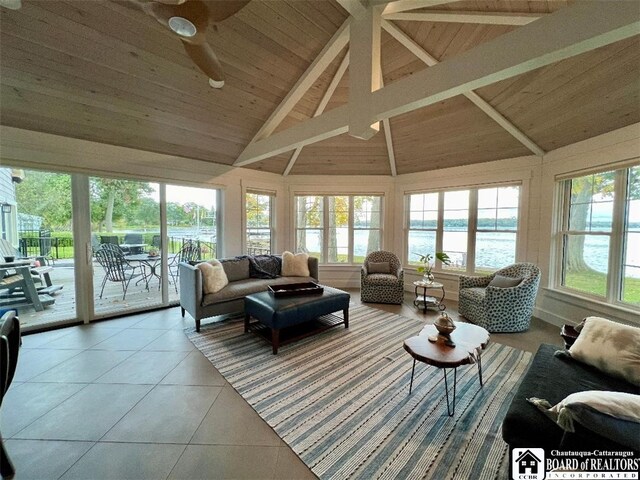 living area with high vaulted ceiling, beam ceiling, light tile patterned flooring, wood ceiling, and a water view