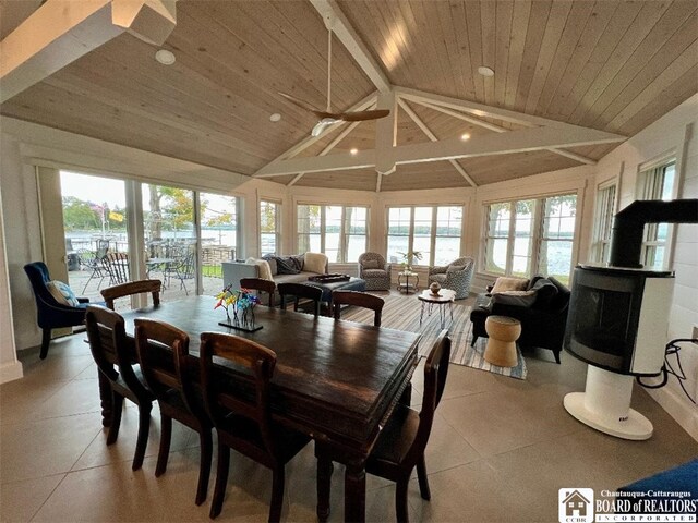 dining room with plenty of natural light, wood ceiling, and lofted ceiling with beams