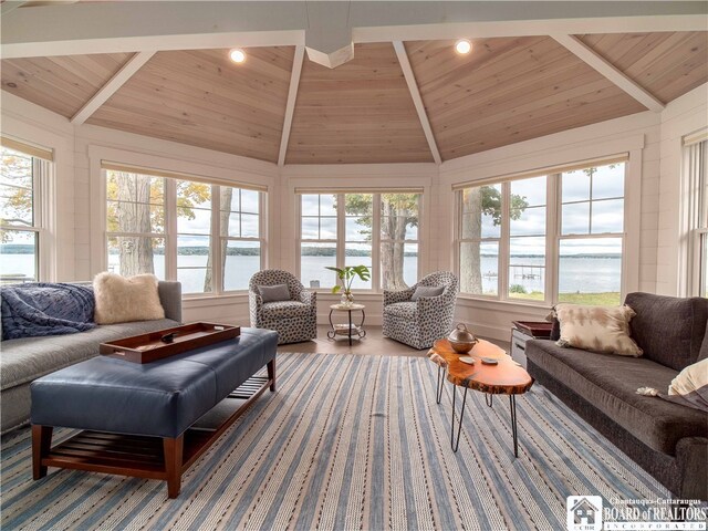 sunroom with a water view, wood ceiling, and vaulted ceiling with beams