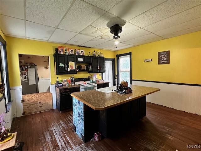 kitchen featuring dark wood-type flooring, a kitchen island with sink, sink, electric stove, and stainless steel refrigerator