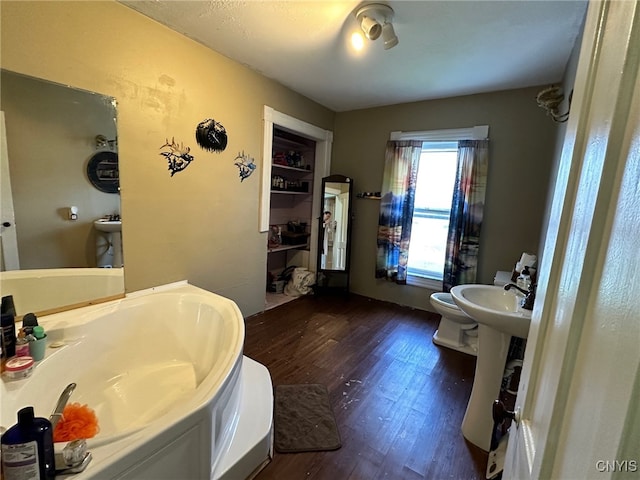 bathroom with wood-type flooring, sink, and toilet