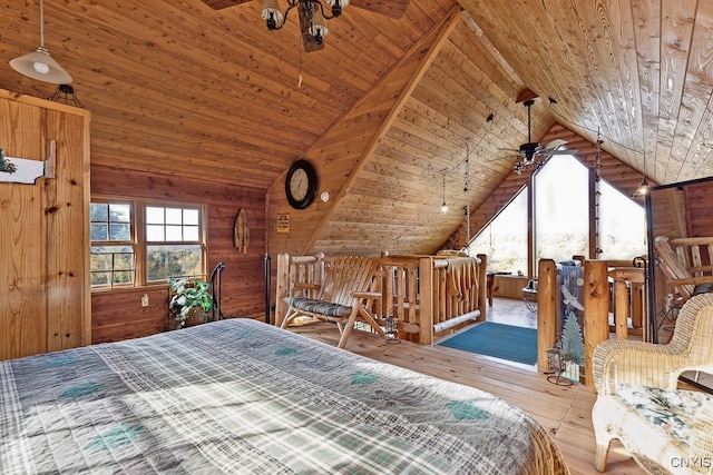 bedroom featuring wood ceiling, wooden walls, vaulted ceiling, and hardwood / wood-style flooring