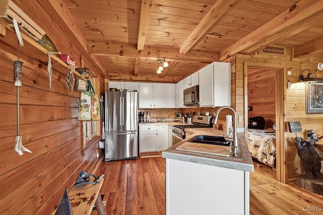 kitchen with beamed ceiling, wood walls, white cabinetry, stainless steel appliances, and light hardwood / wood-style floors