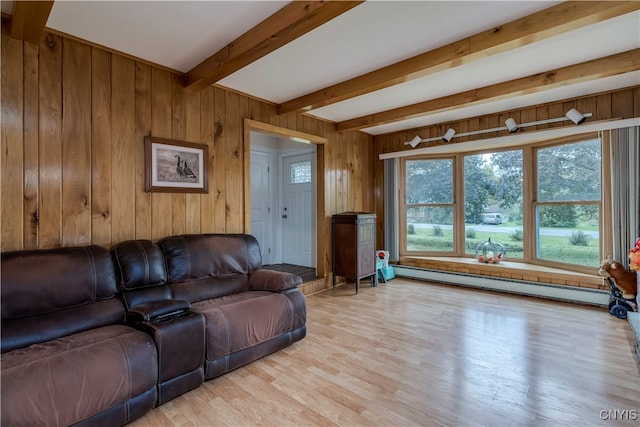 living room with light hardwood / wood-style floors, wood walls, baseboard heating, and beamed ceiling