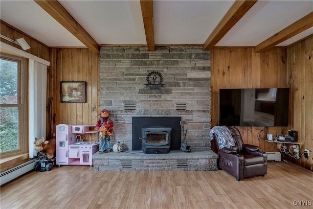 living room featuring beamed ceiling, light wood-type flooring, wood walls, and a wood stove