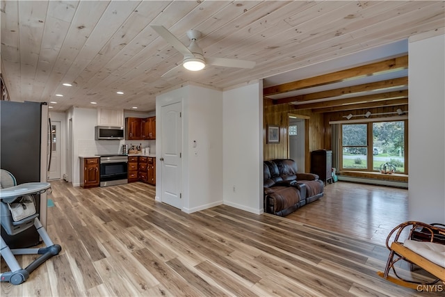 living room featuring wood ceiling, light hardwood / wood-style floors, wooden walls, baseboard heating, and ceiling fan