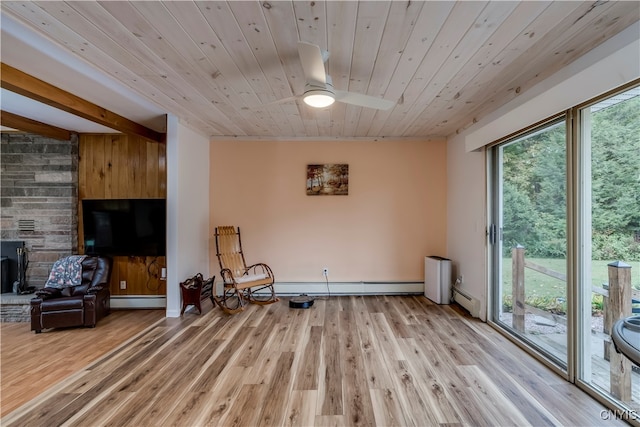 unfurnished room featuring a baseboard heating unit, beam ceiling, light hardwood / wood-style flooring, ceiling fan, and wooden ceiling