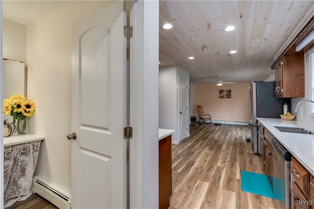 kitchen with light wood-type flooring, sink, backsplash, appliances with stainless steel finishes, and baseboard heating