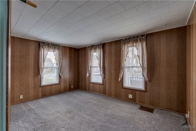 spare room featuring light carpet and wooden walls