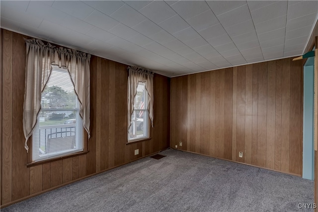 carpeted spare room with wood walls