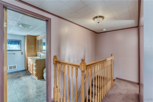 hallway featuring light colored carpet, sink, and ornamental molding