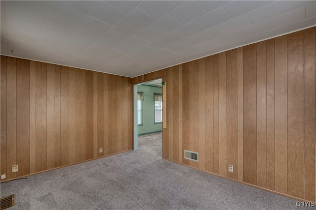 carpeted spare room featuring wooden walls