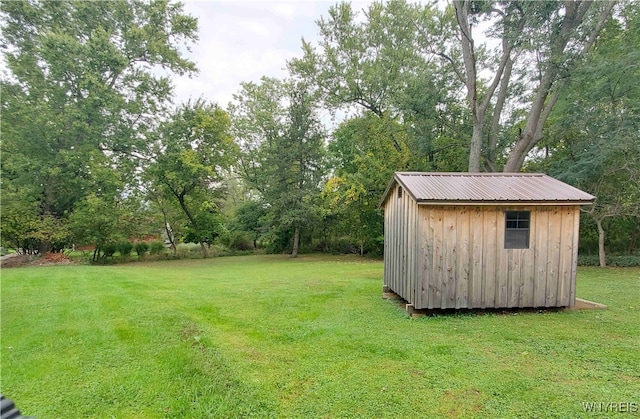 view of yard with a storage shed