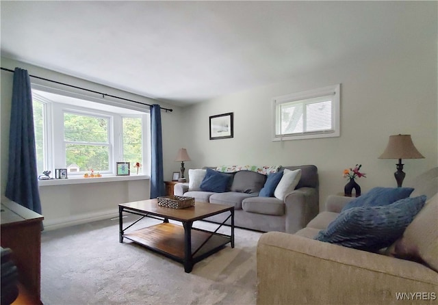 living room featuring light colored carpet