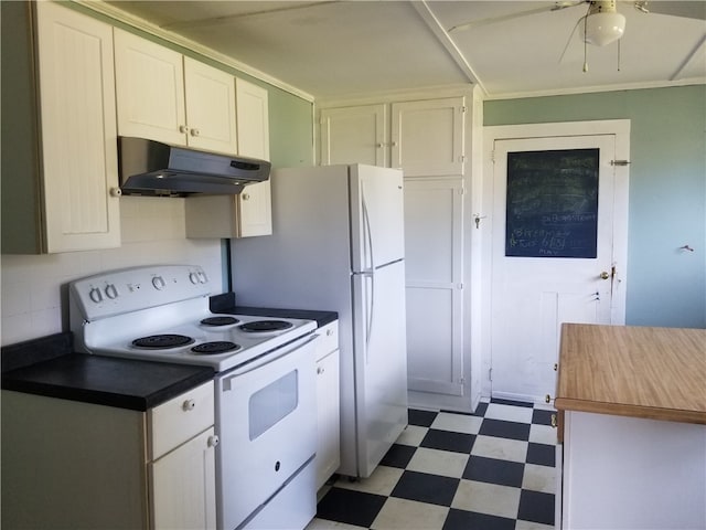 kitchen featuring ceiling fan, ornamental molding, tasteful backsplash, white cabinetry, and white range with electric stovetop