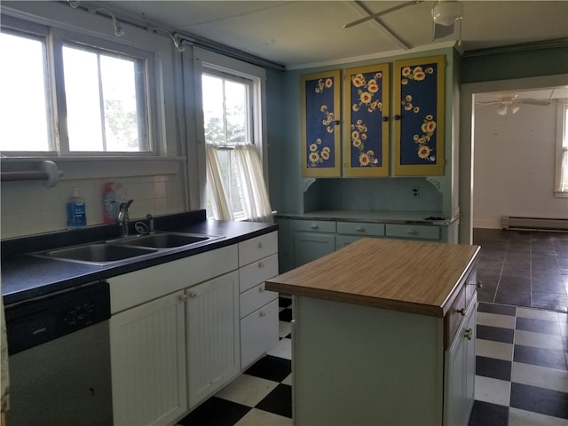 kitchen featuring white cabinets, sink, stainless steel dishwasher, a kitchen island, and decorative backsplash