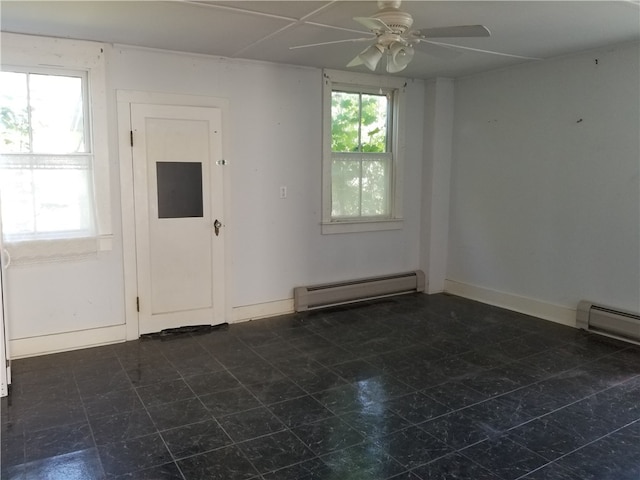 unfurnished room with ceiling fan and a baseboard heating unit