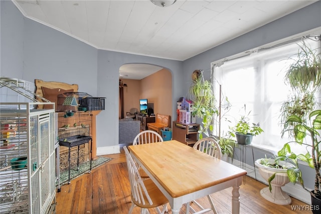 dining area with crown molding and hardwood / wood-style flooring