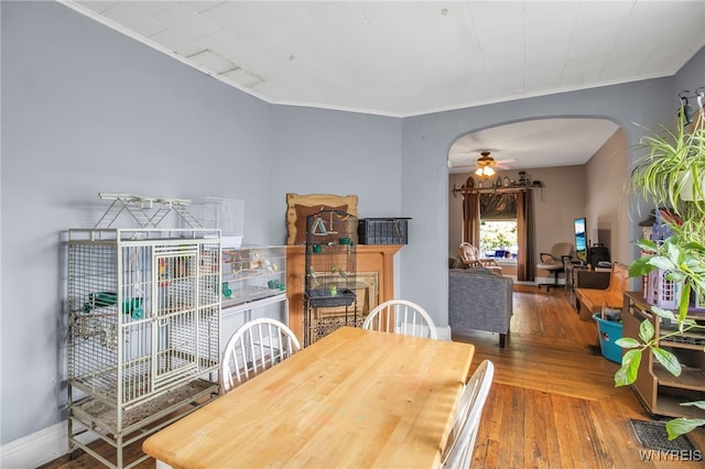 dining area featuring ornamental molding, hardwood / wood-style floors, and ceiling fan