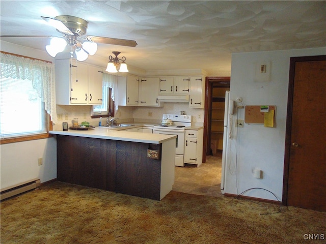 kitchen featuring white cabinetry, white appliances, plenty of natural light, and kitchen peninsula