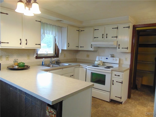 kitchen featuring white electric range oven, sink, white cabinetry, kitchen peninsula, and decorative backsplash