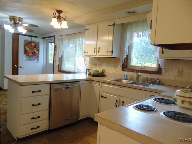 kitchen with white cabinetry, dishwasher, sink, backsplash, and kitchen peninsula