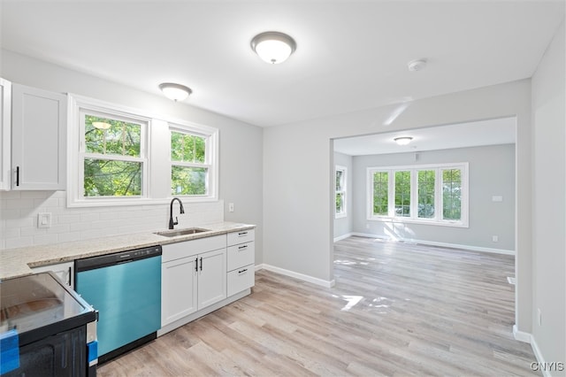 kitchen with decorative backsplash, white cabinets, a healthy amount of sunlight, and stainless steel dishwasher