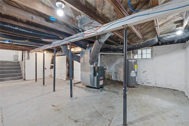 basement with heating unit and water heater